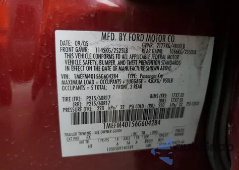 2006 Mercury Montego Luxury from USA, damaged, VIN 1MEFM40156G604284